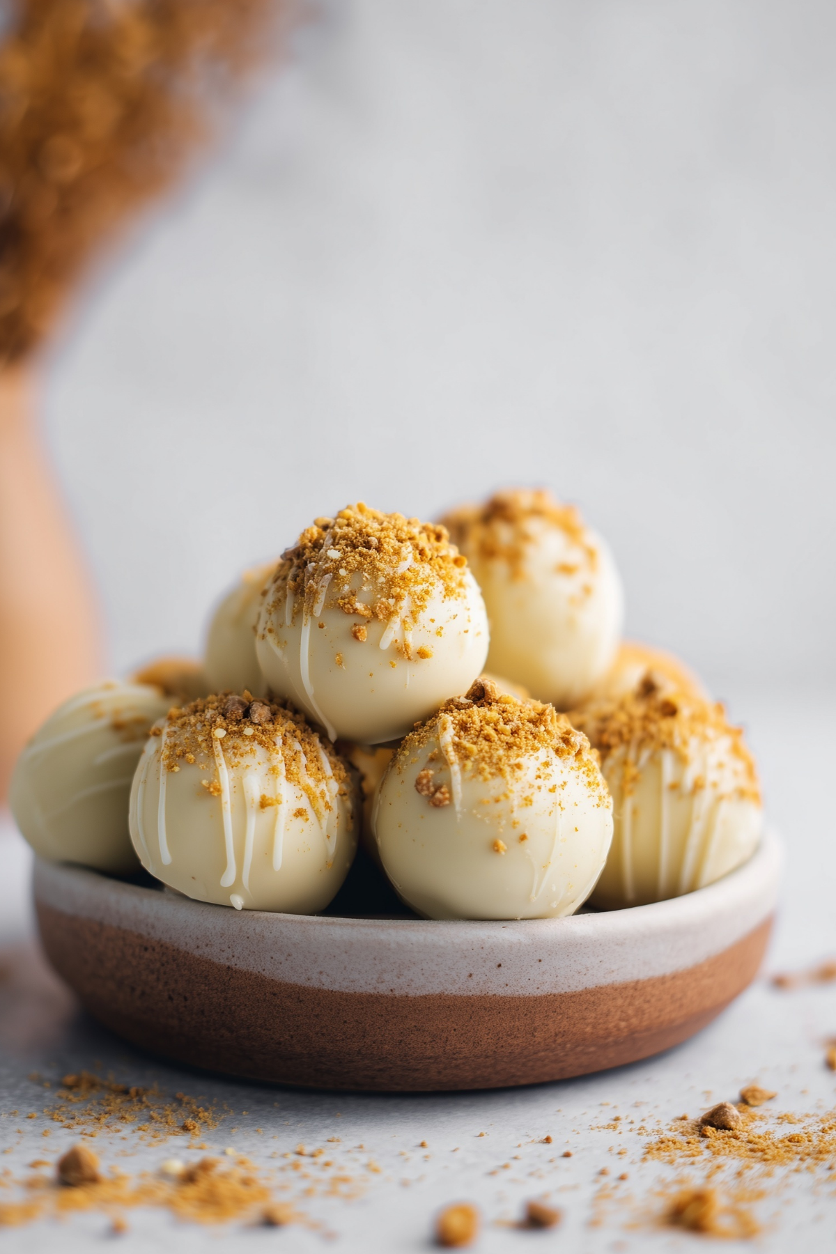 Pumpkin Cheesecake Truffles coated in white chocolate with graham cracker crumbs
