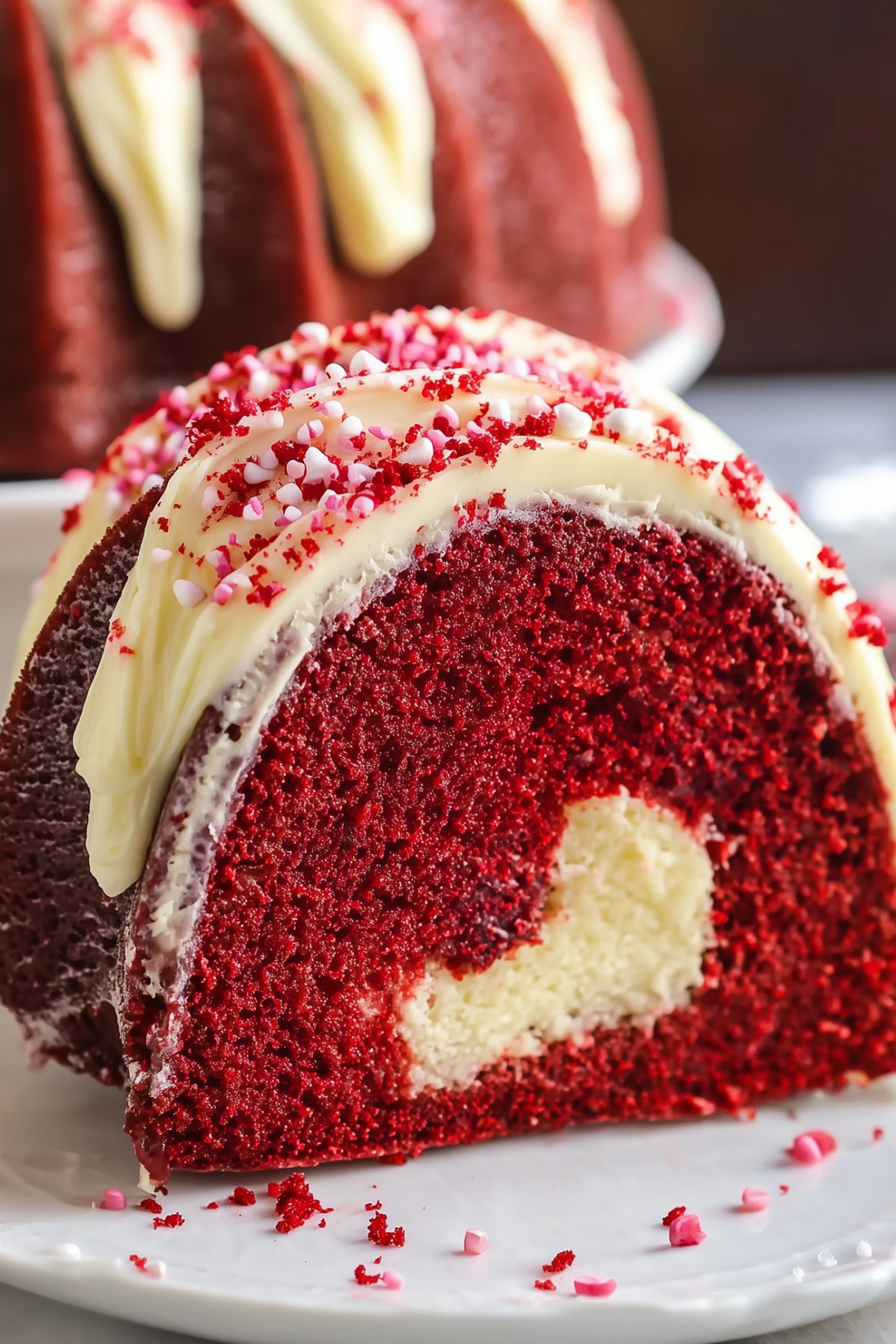 Red Velvet Cream Cheese Bundt Cake with a swirl of cream cheese filling