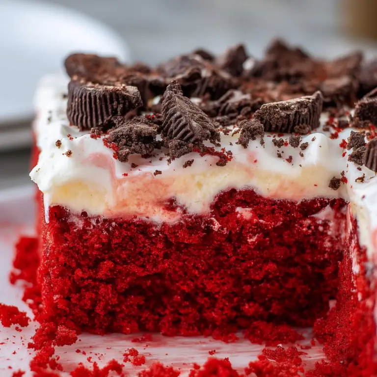 Red Velvet Poke Cake with creamy cheesecake pudding and crushed Oreos topping