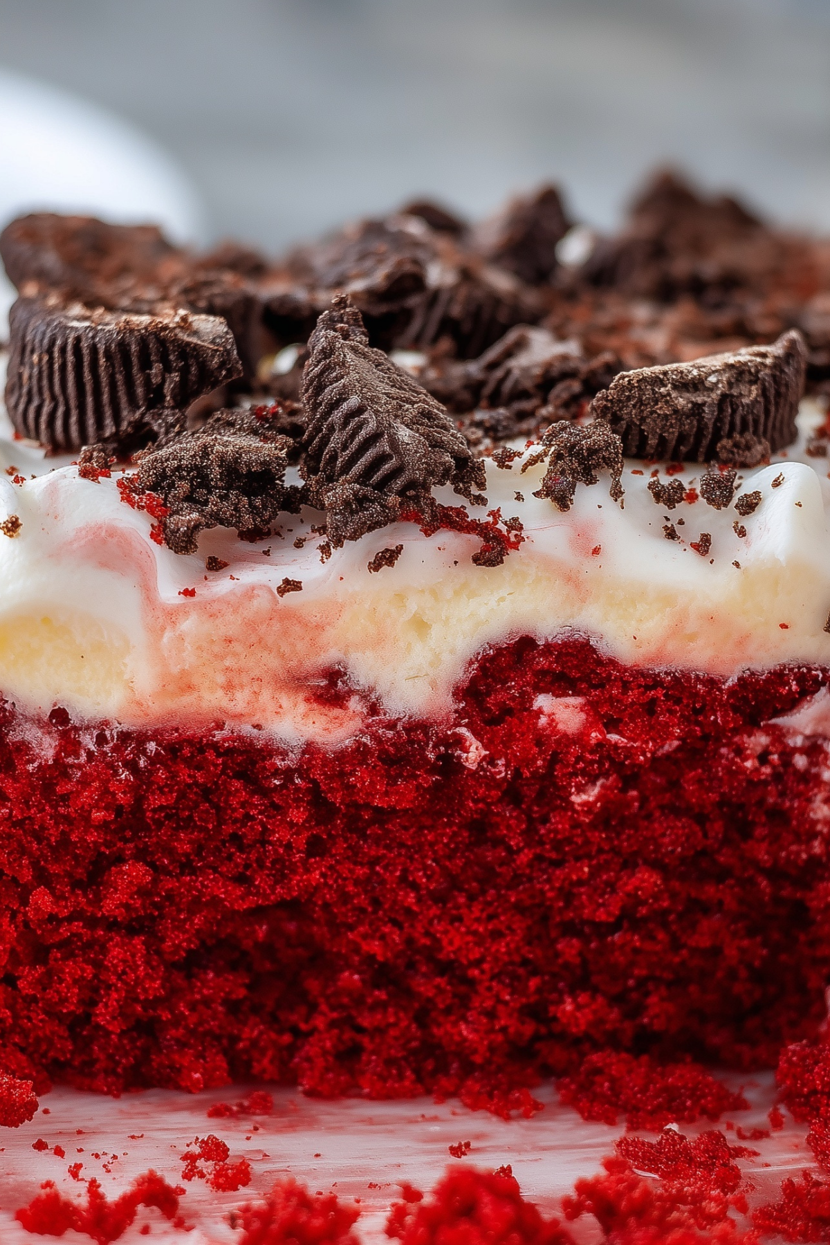 Red Velvet Poke Cake with creamy cheesecake pudding and crushed Oreos topping