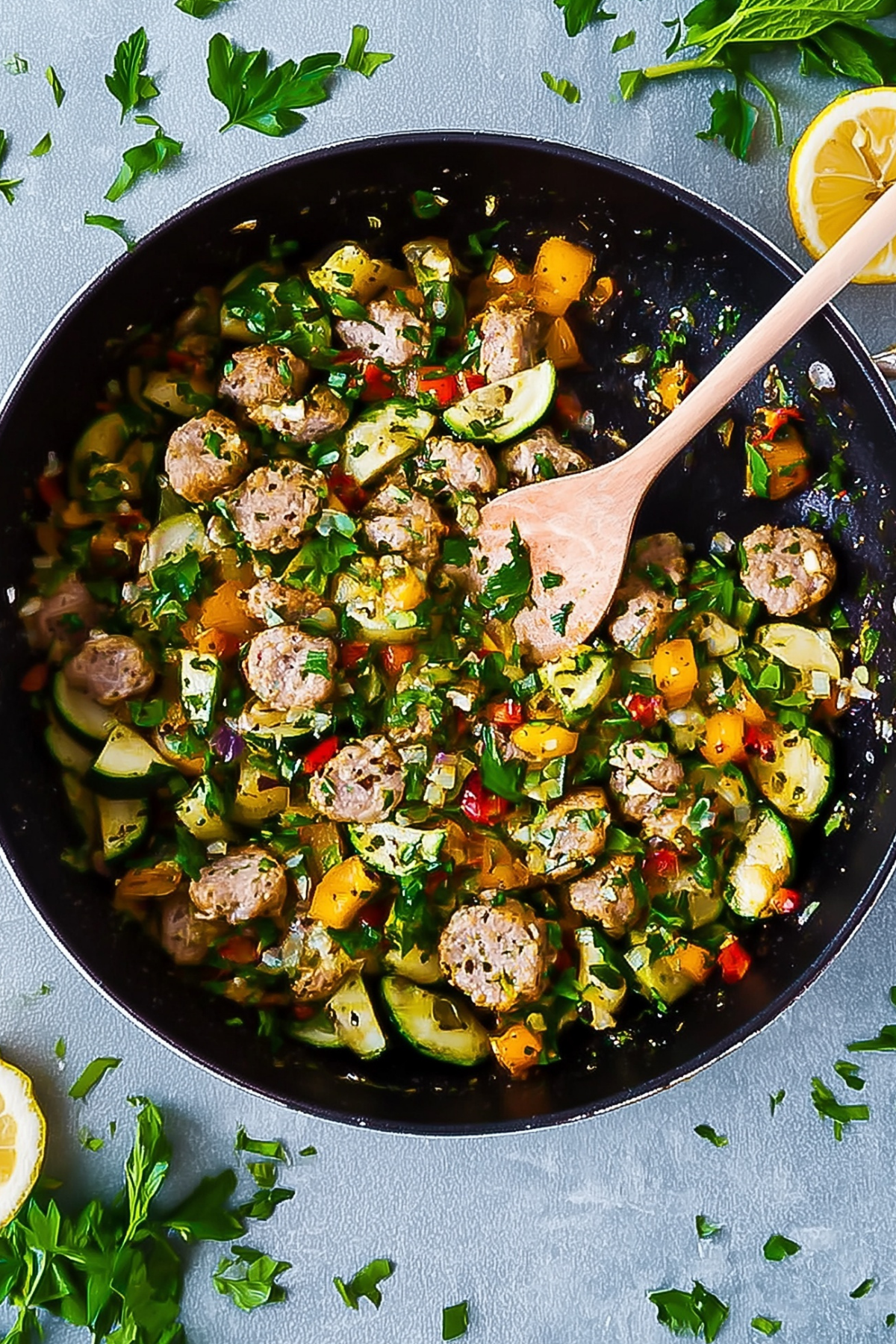 sausage and veggie skillet cooked in a pan