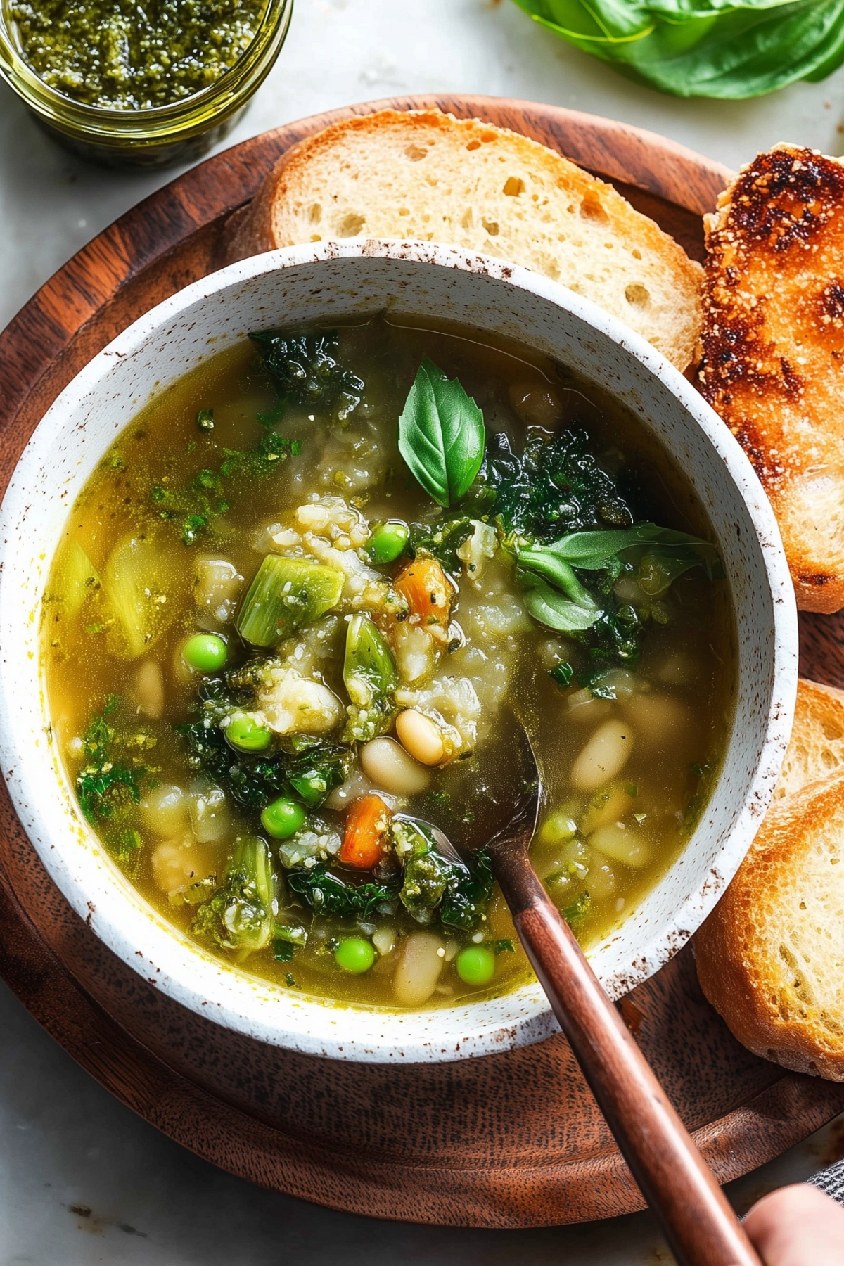 Spring Pistou Soup with fresh basil pistou sauce and spring vegetables