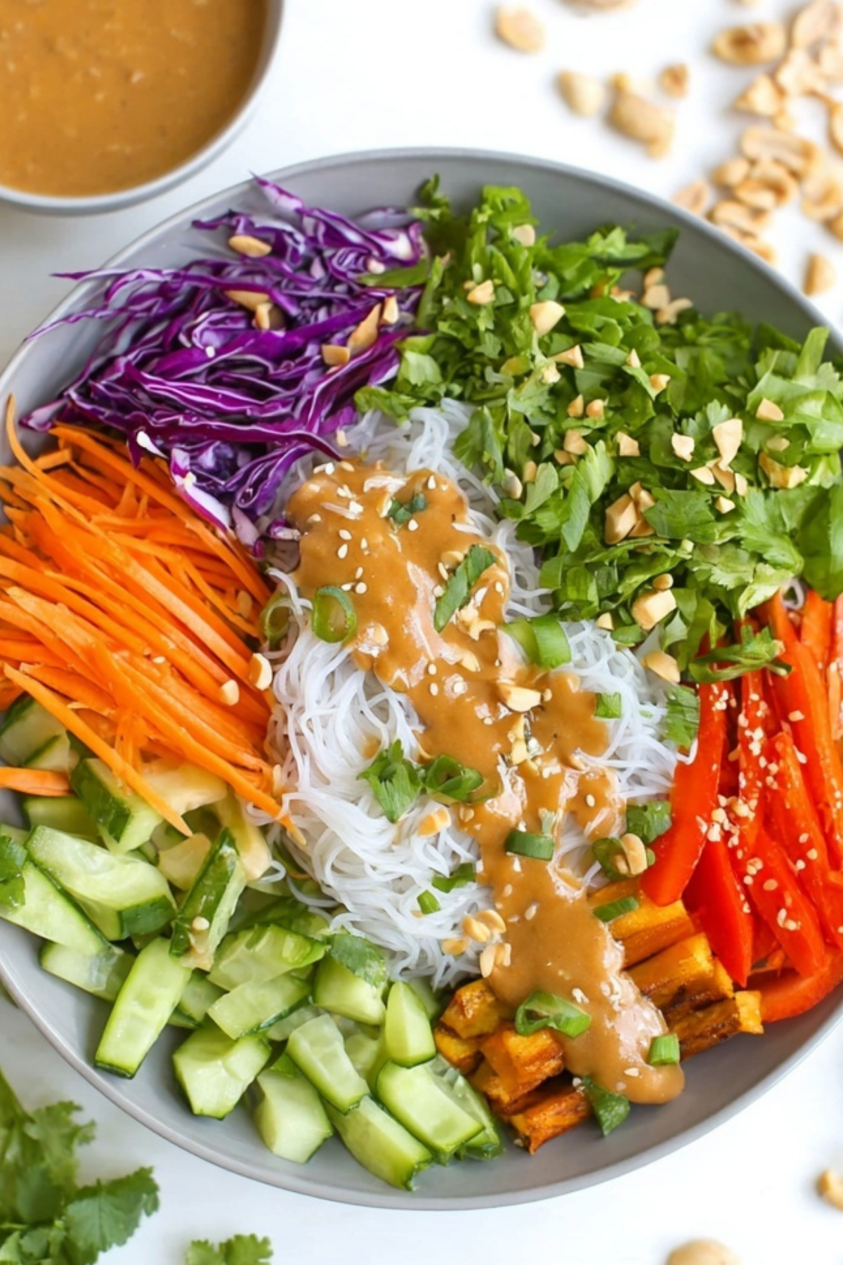 Vegan Spring Roll Bowl with Peanut Sauce and Fresh Vegetables