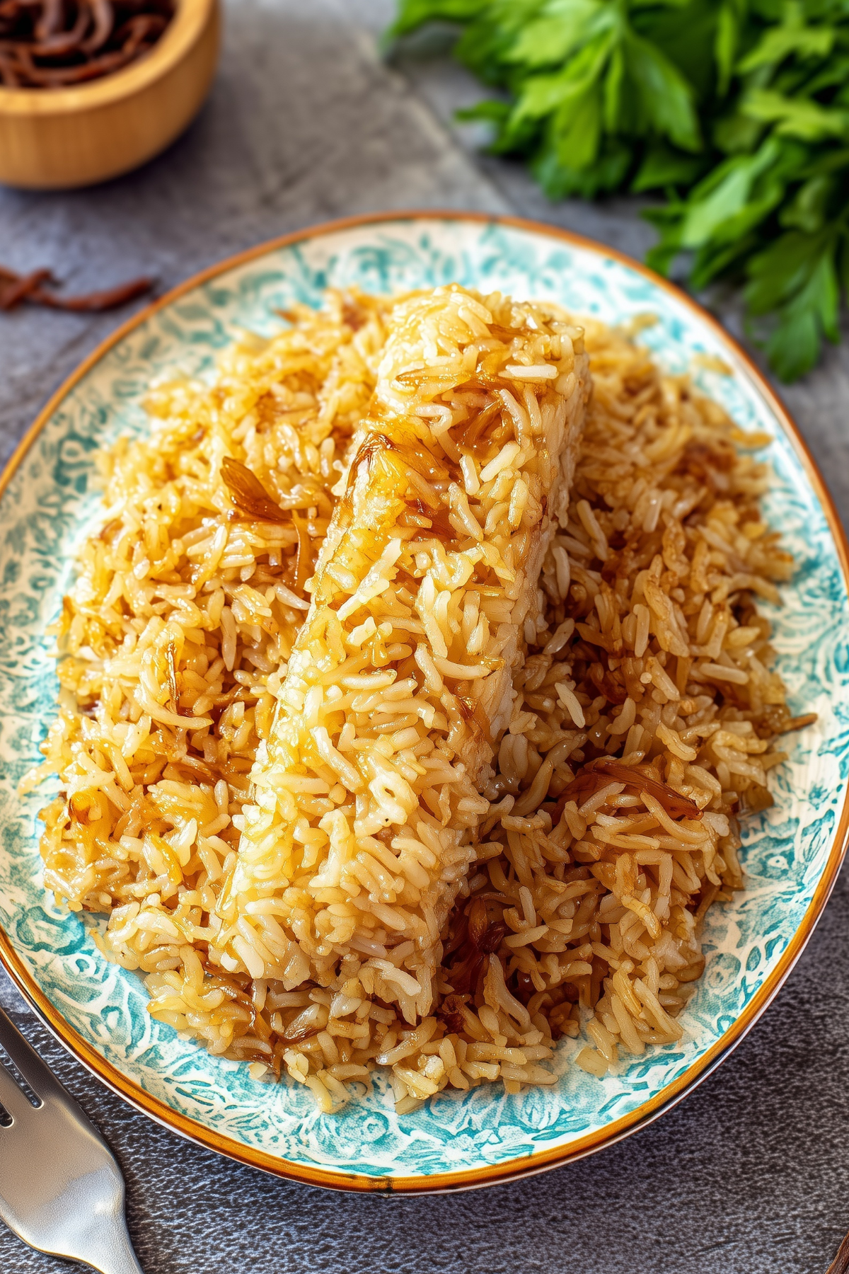 Stick of Butter Rice in a baking dish, delicious side dish with butter and French onion soup