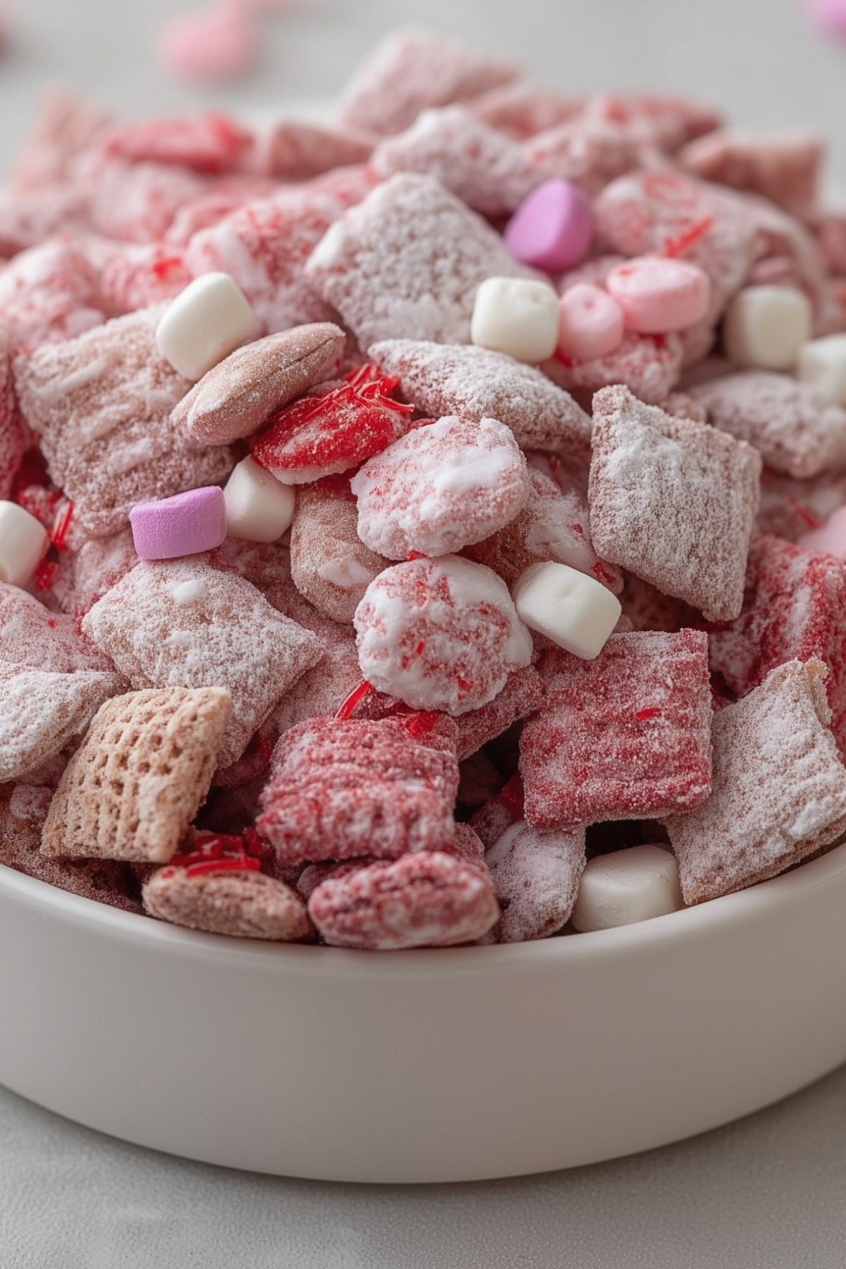 Valentine’s Day Muddy Buddies on a festive tray with pink and red candy melts