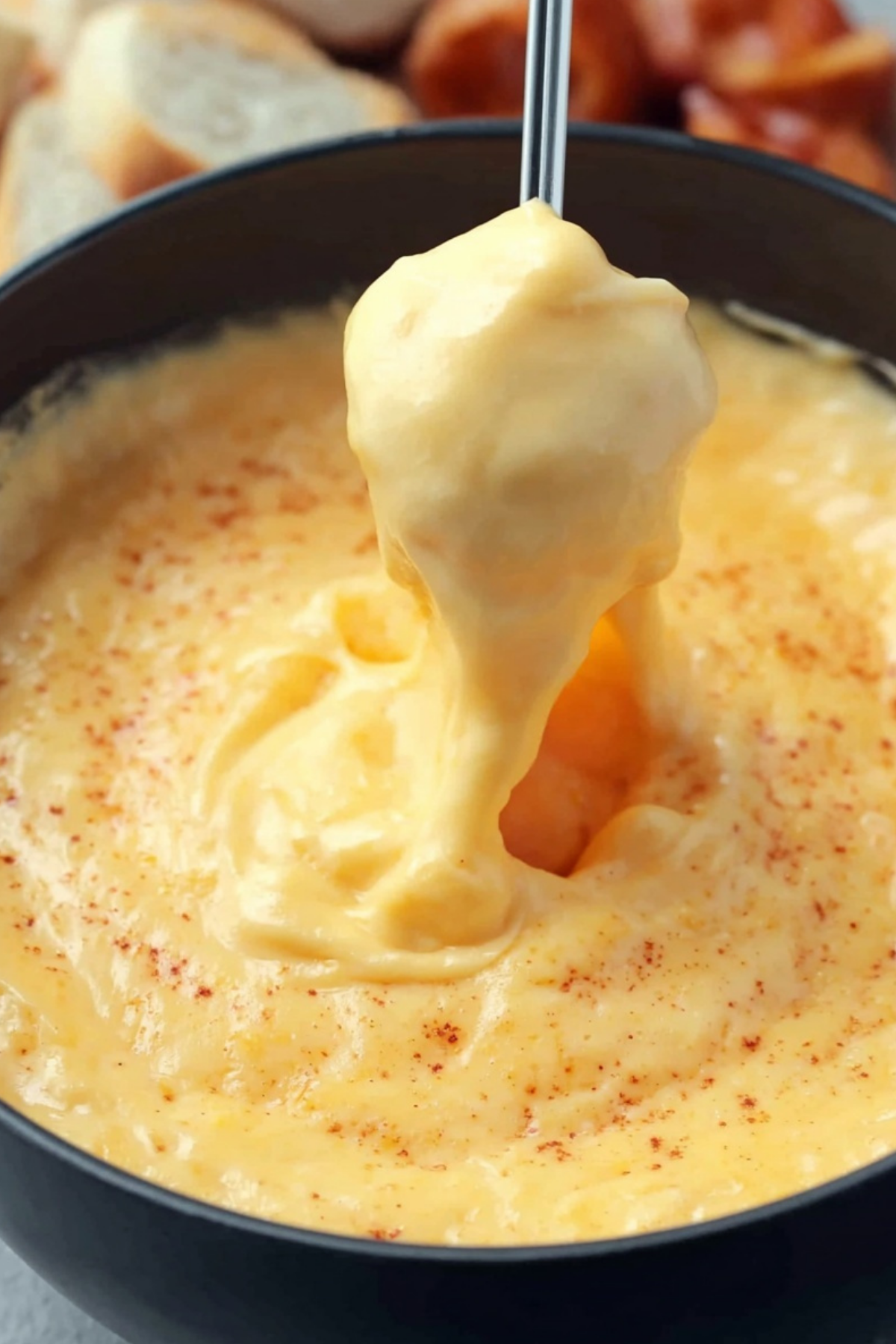 Creamy homemade Beer Cheese Dip served warm with soft pretzels
