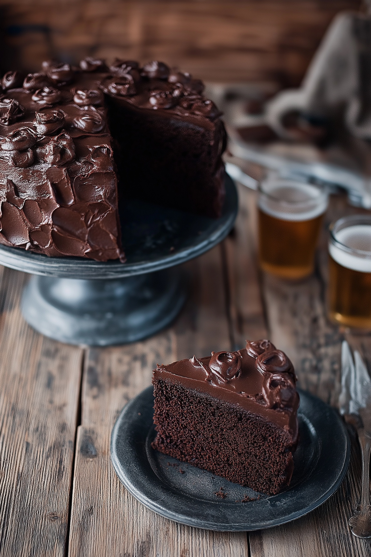 Chocolate Stout Cake with chocolate bourbon sour cream frosting