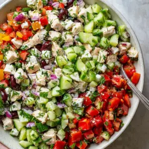 Chopped Greek Inspired Chicken Salad with feta, olives, and fresh vegetables