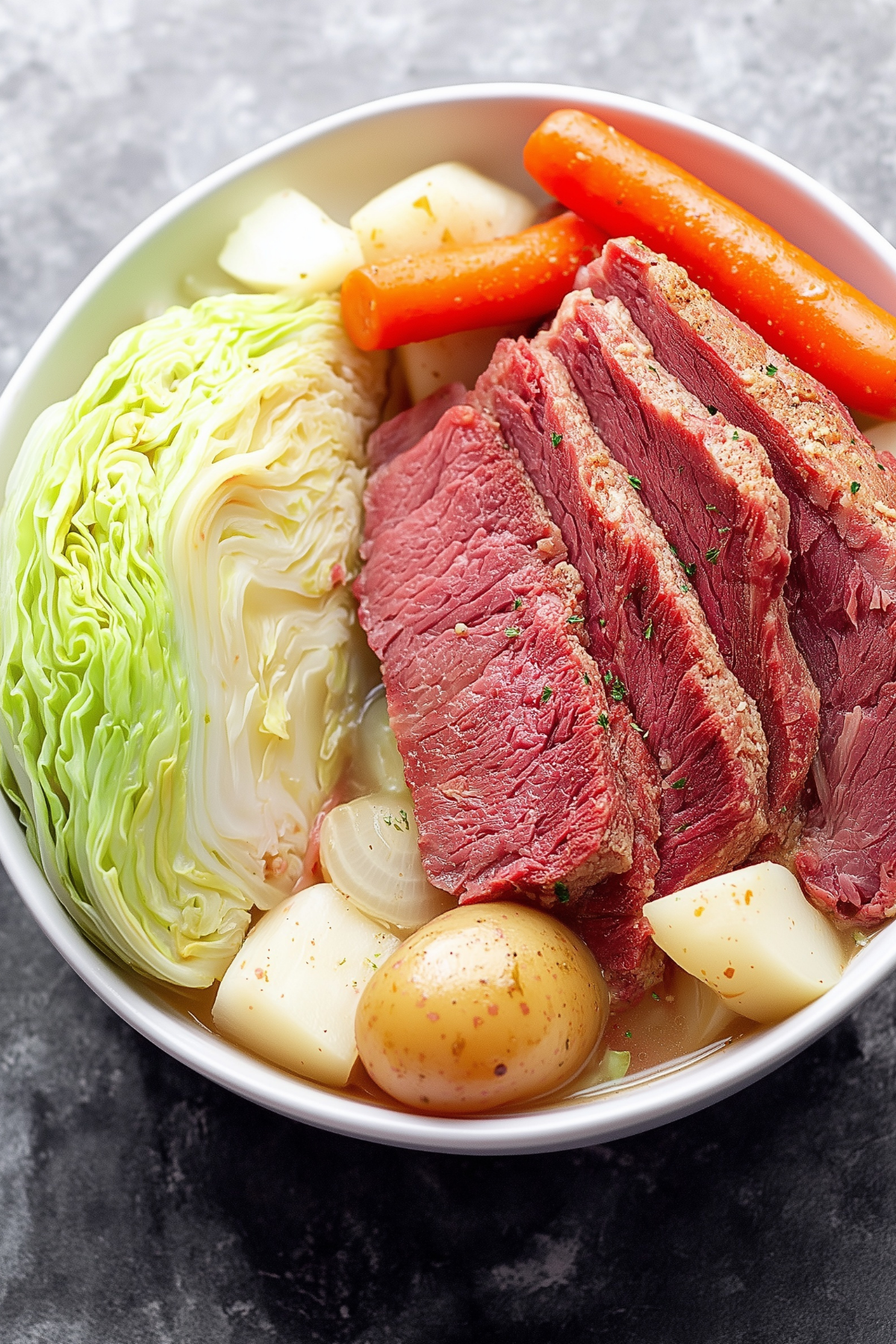 Corned Beef and Cabbage with potatoes and carrots on platter