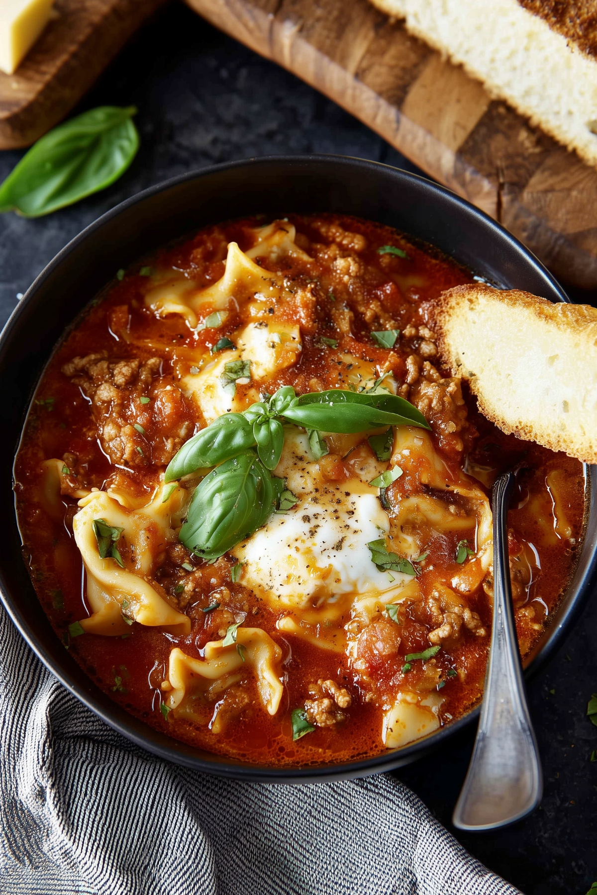 Crockpot Lasagna Soup with ground beef, noodles, and melted cheese topping