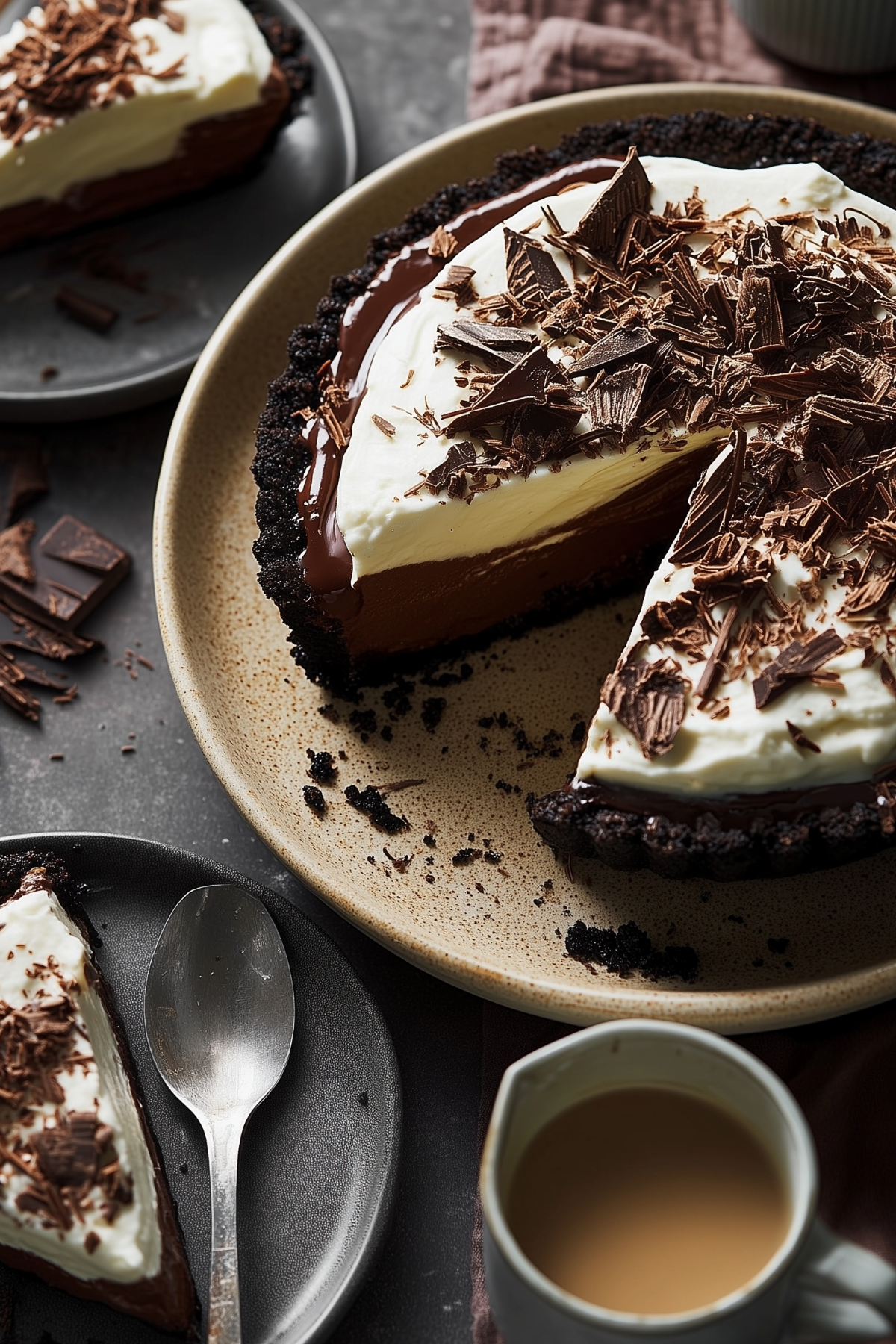 No Bake Baileys Chocolate Pie with whipped cream and chocolate shavings
