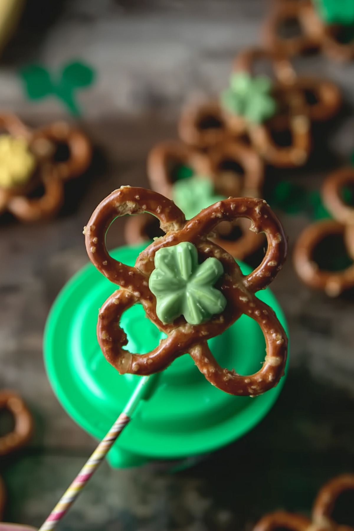 Shamrock Pretzels arranged on a tray for St. Patrick’s Day