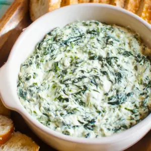 Creamy spinach dip served warm with crackers and bread slices