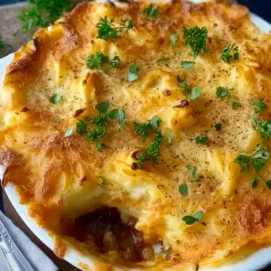 Guinness Cottage Pie with creamy mashed potatoes and stout beef filling