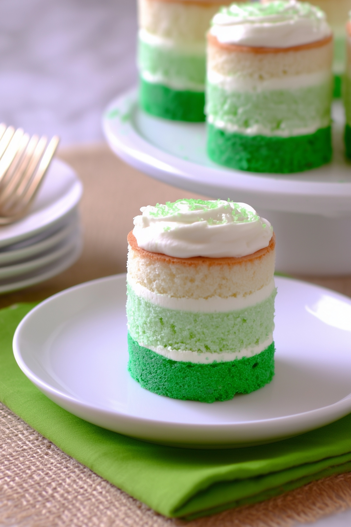 St Patrick’s Day Mini Ombre Cakes with green ombre layers and cream cheese frosting