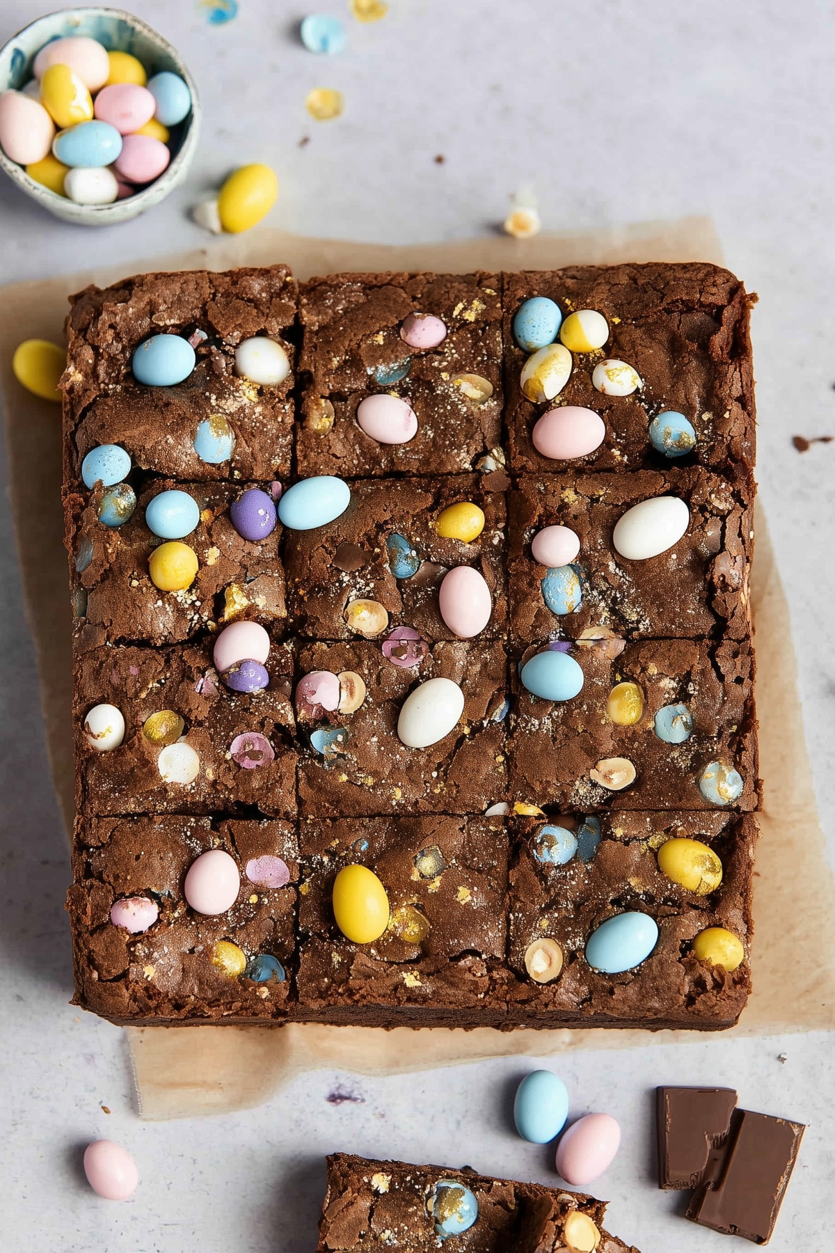 Cadbury Mini Egg Brownies with crunchy chocolate mini eggs on top