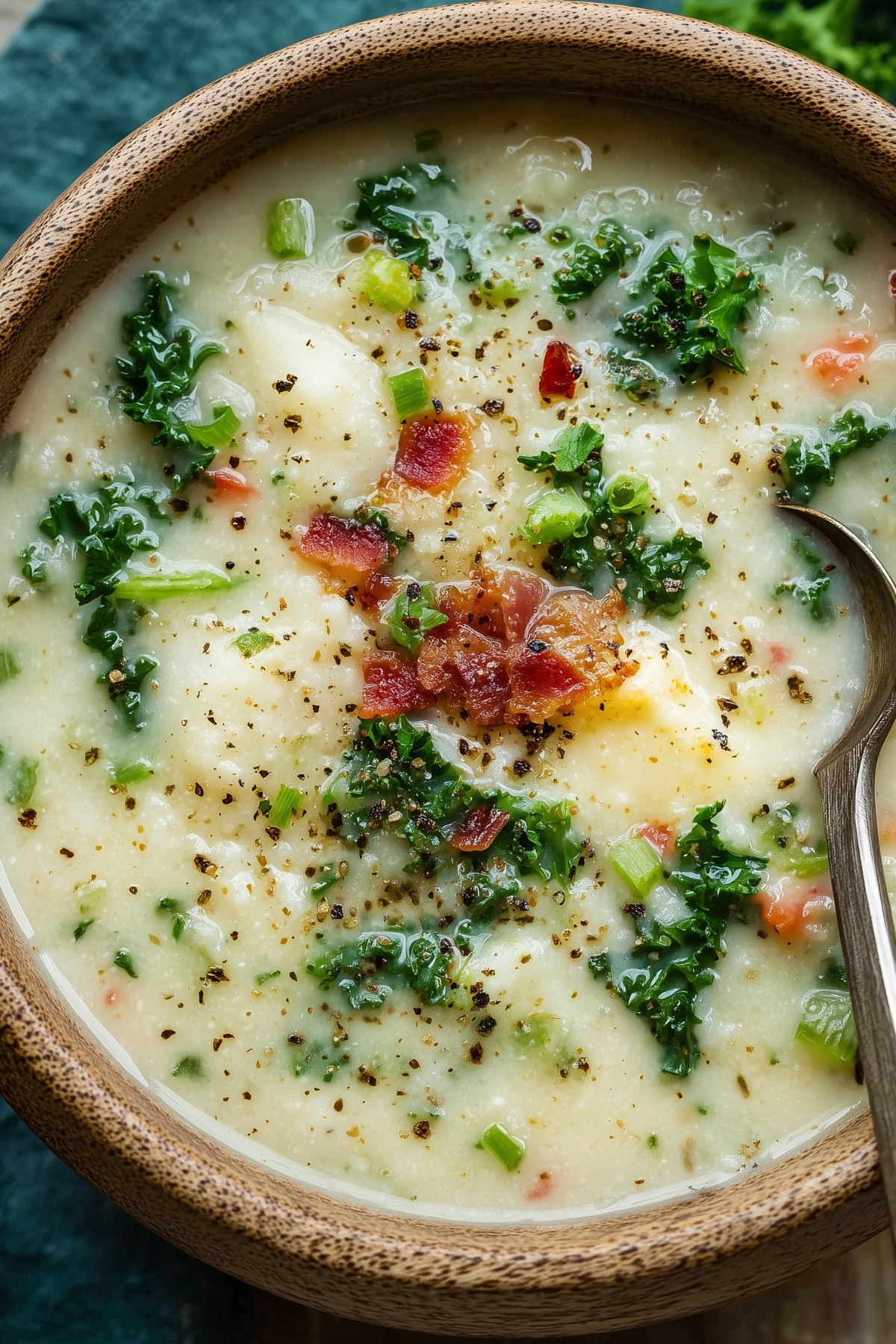 Creamy homemade Colcannon Soup with potatoes, cabbage, kale, and bacon