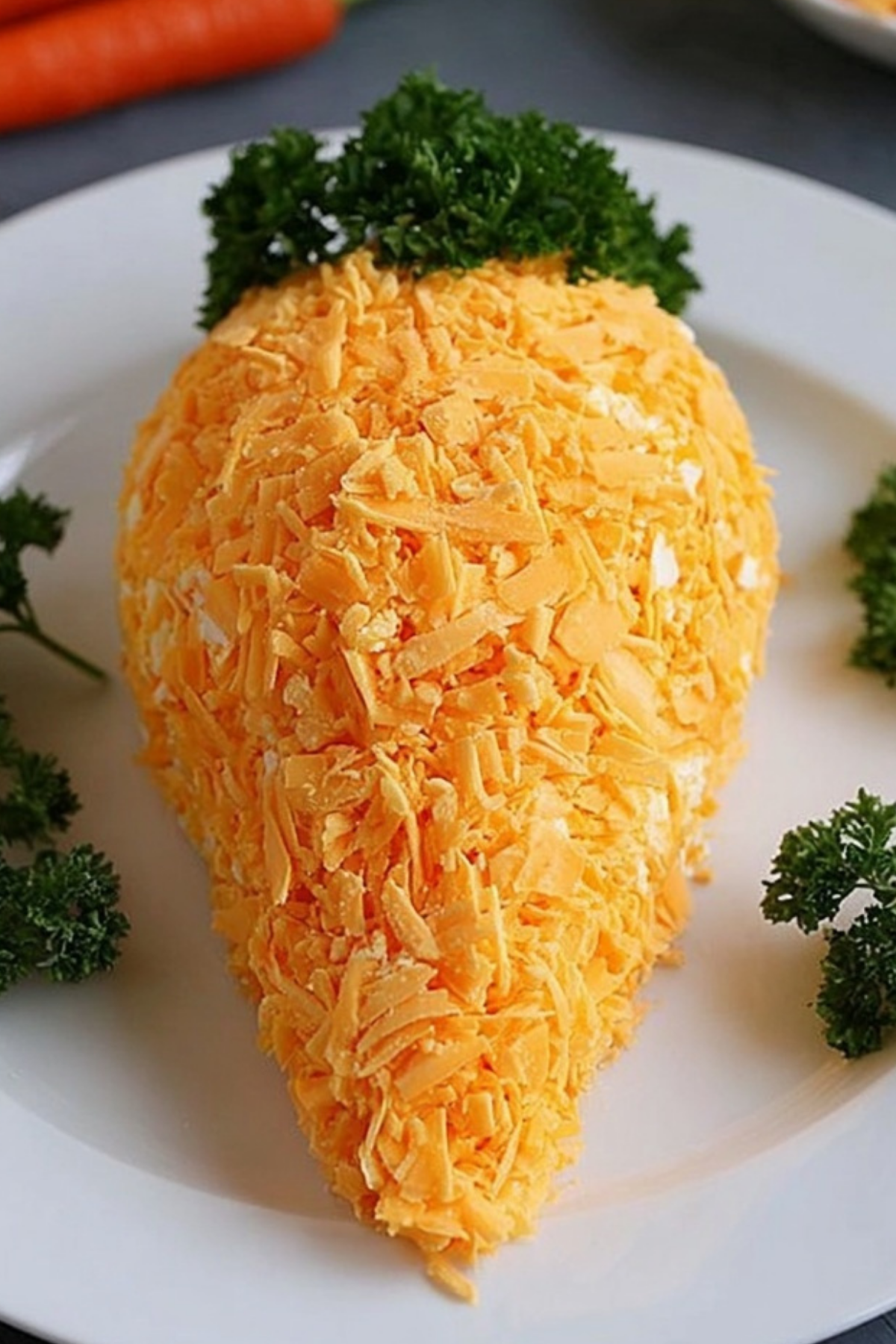 Easter Carrot Cheese Ball festive appetizer shaped like a carrot with cheddar coating