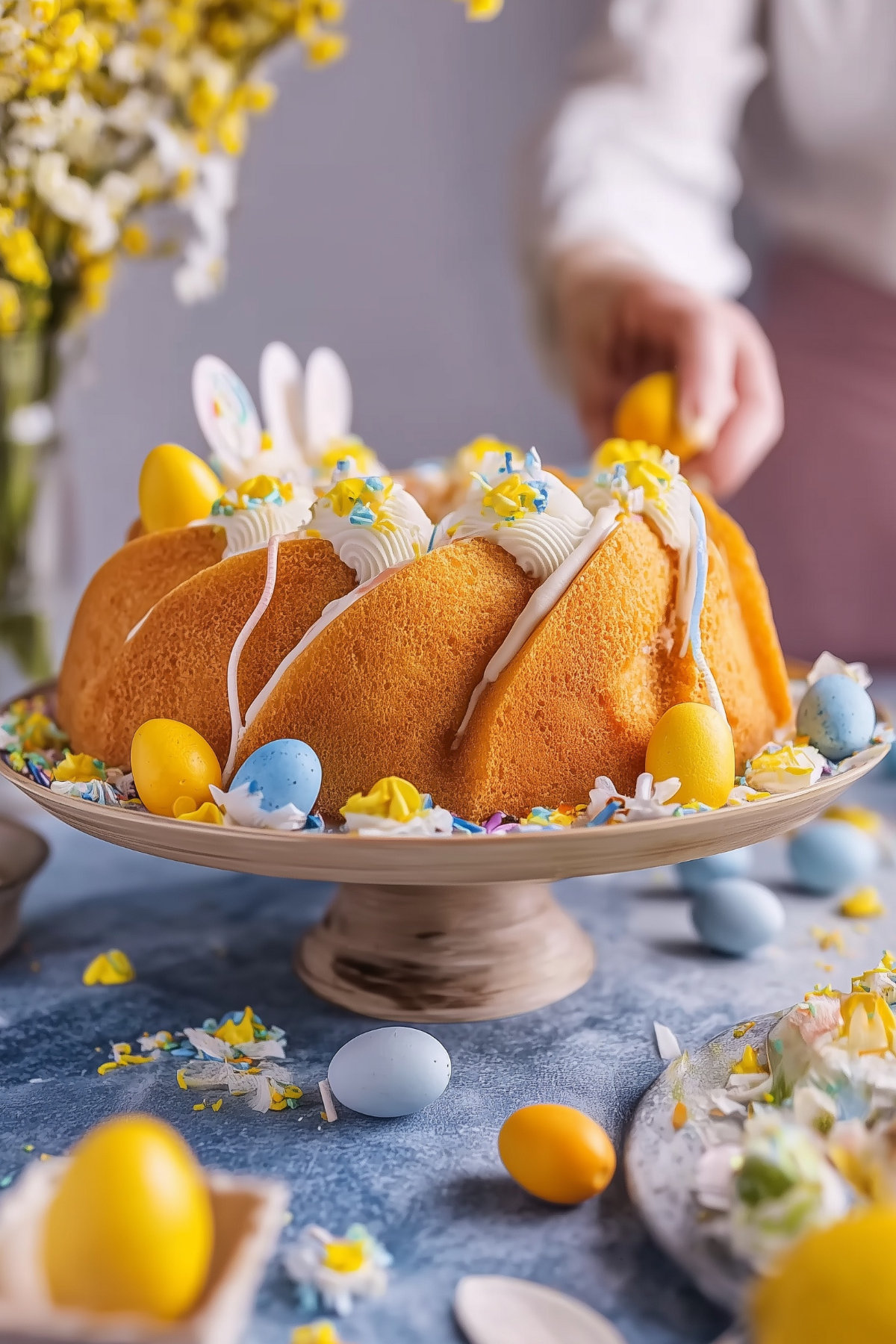 Easter Lemon Bundt Cake with lemon glaze on a bundt pan