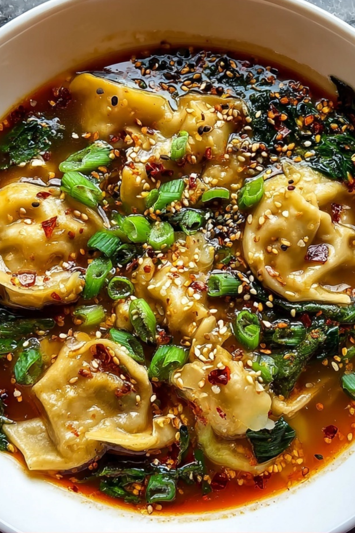 Instant Pot Spicy Dumpling Soup with dumplings in spicy broth