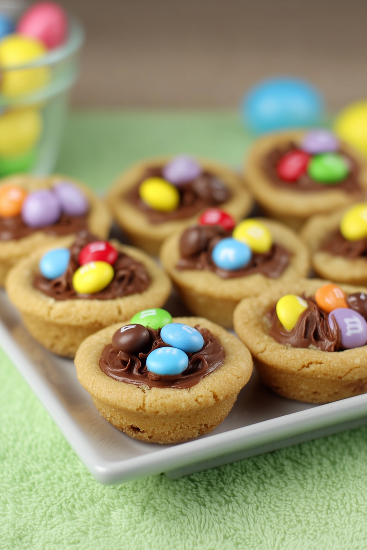 M&M Nutella Cookie Cups with colorful toppings and Nutella filling