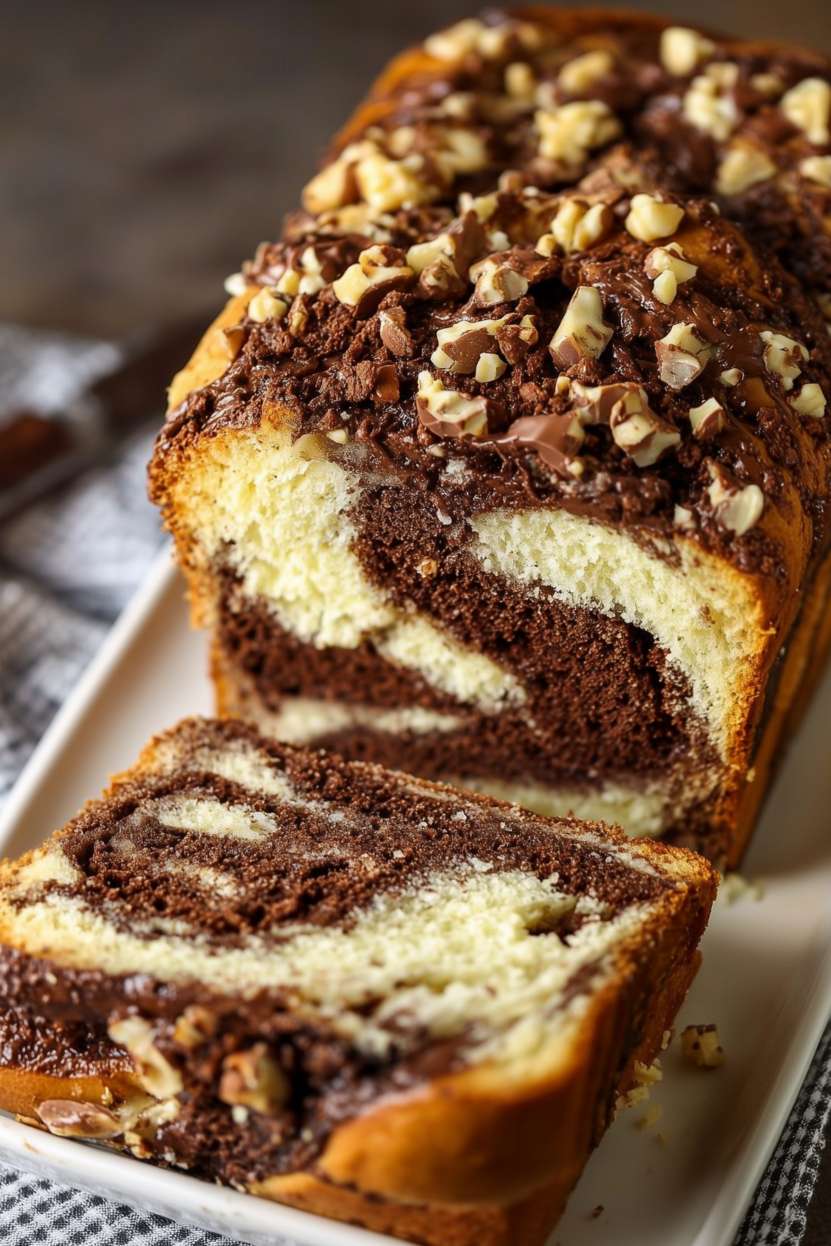 Nutella Swirl Bread baked and sliced, showcasing the chocolate-hazelnut swirl