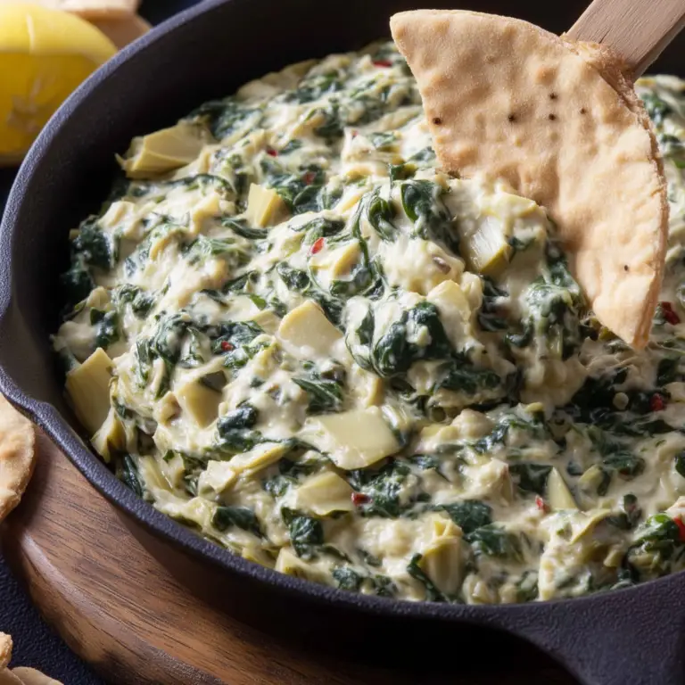 Creamy vegan Spinach Artichoke Dip served warm with bread