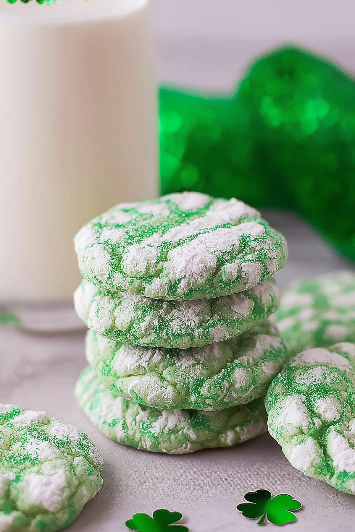 St Patrick’s Day Cookies with green crinkle tops coated in powdered sugar