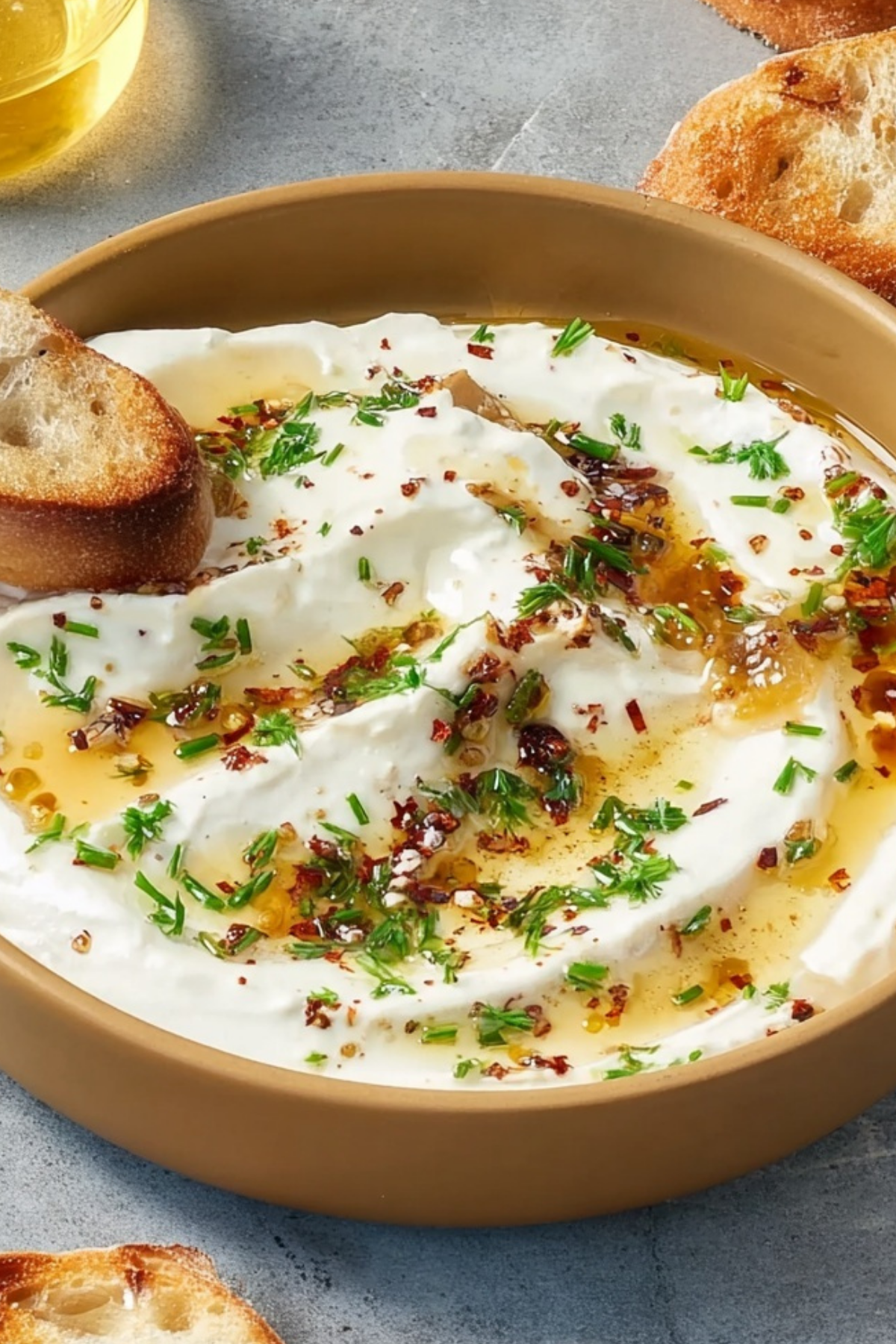 creamy whipped ricotta dip with hot honey served with crostini