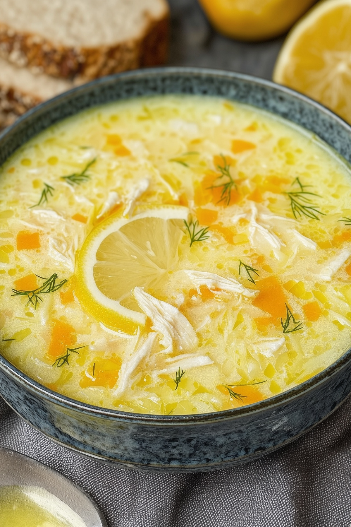 creamy avgolemono greek lemon chicken soup in a bowl