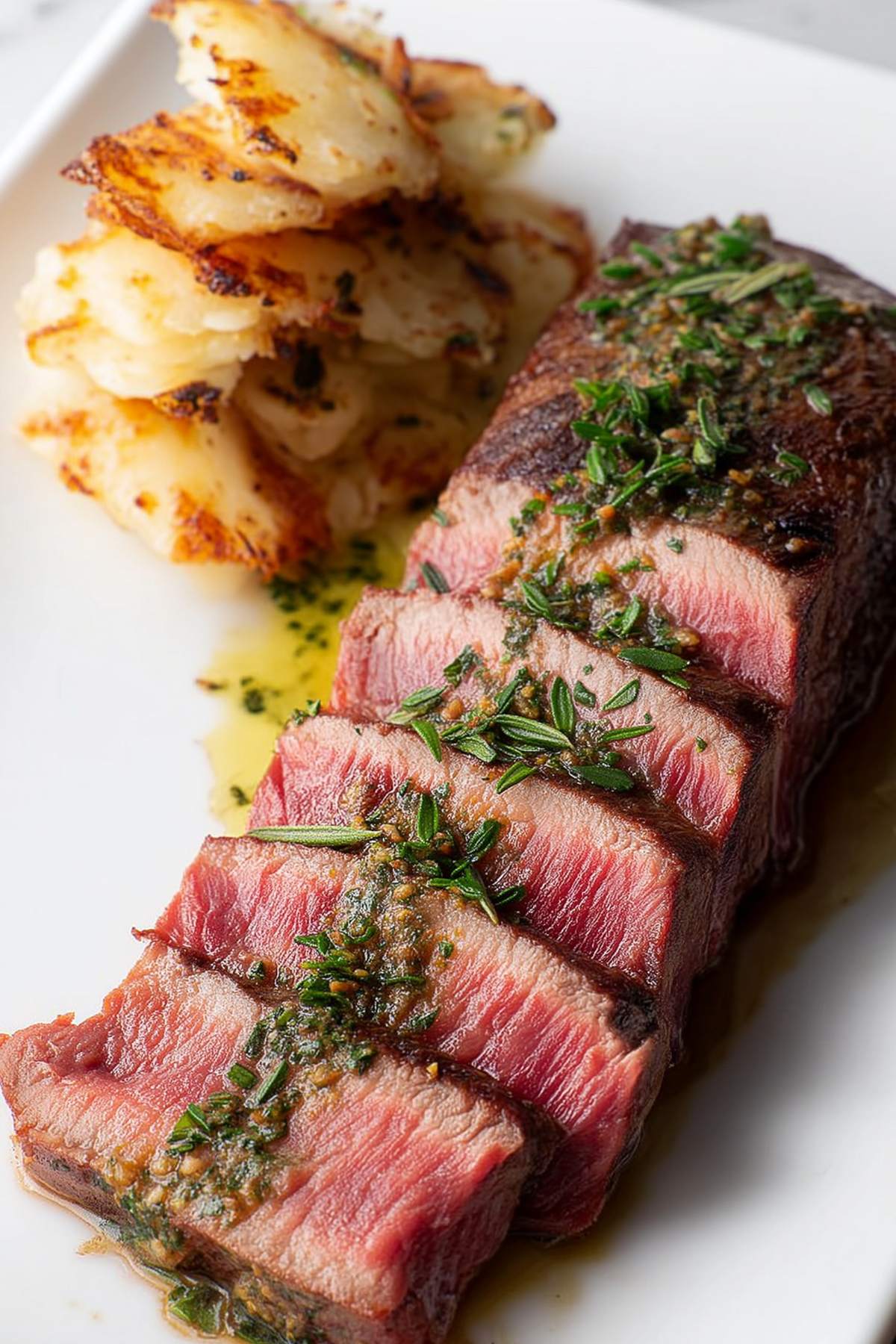 perfectly cooked bison new york strip loin steak with herbed brown butter