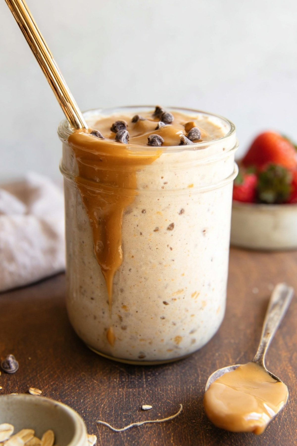 Blended Overnight Oats recipe in a jar with fresh fruit topping