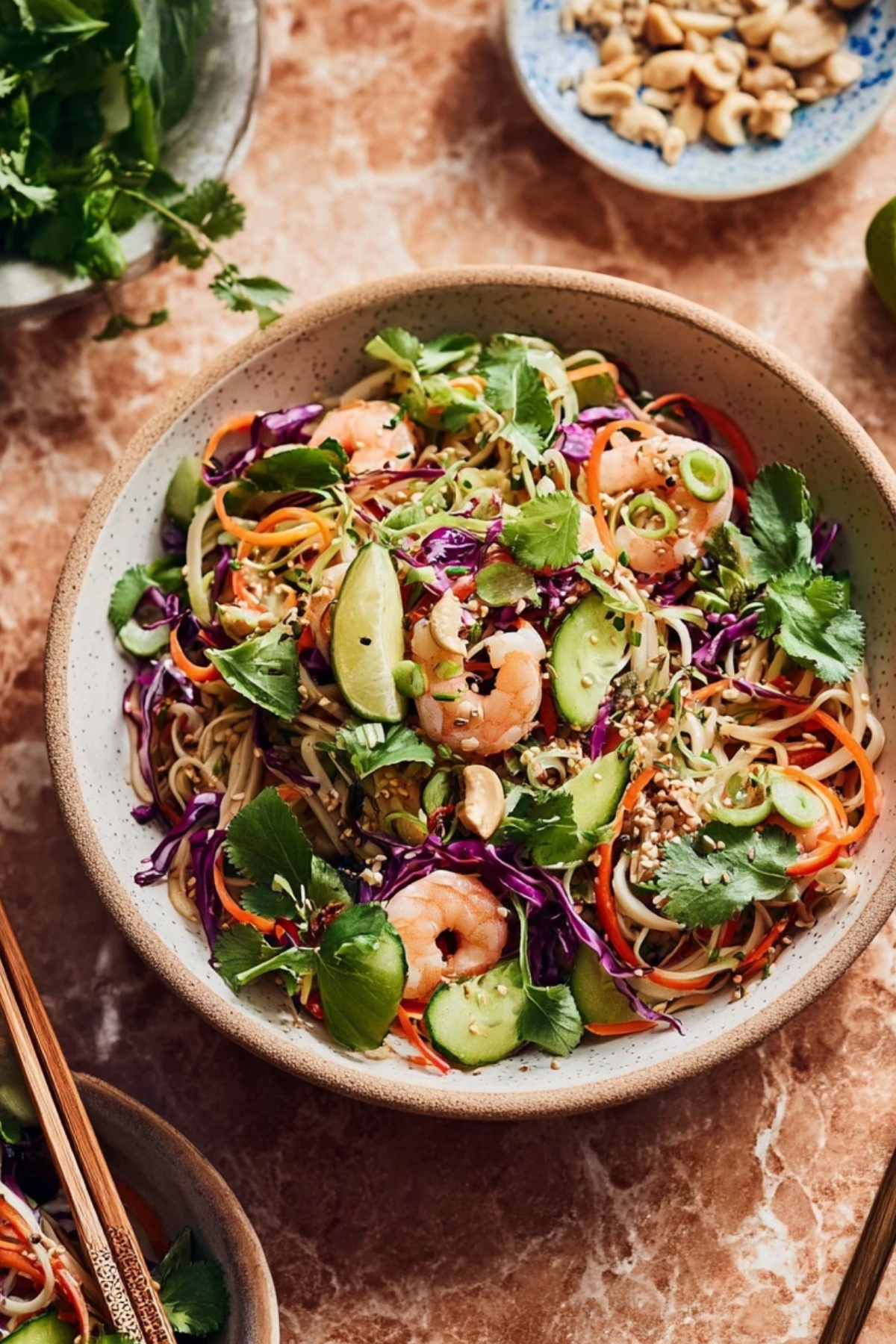 Healthy Spring Roll Salad with fresh vegetables and peanut dressing