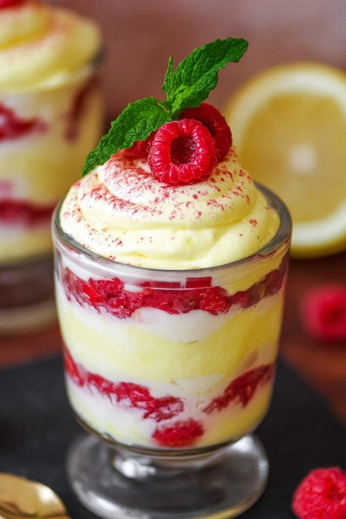 Lemon Raspberry Fluff dessert with fresh raspberries and lemon zest