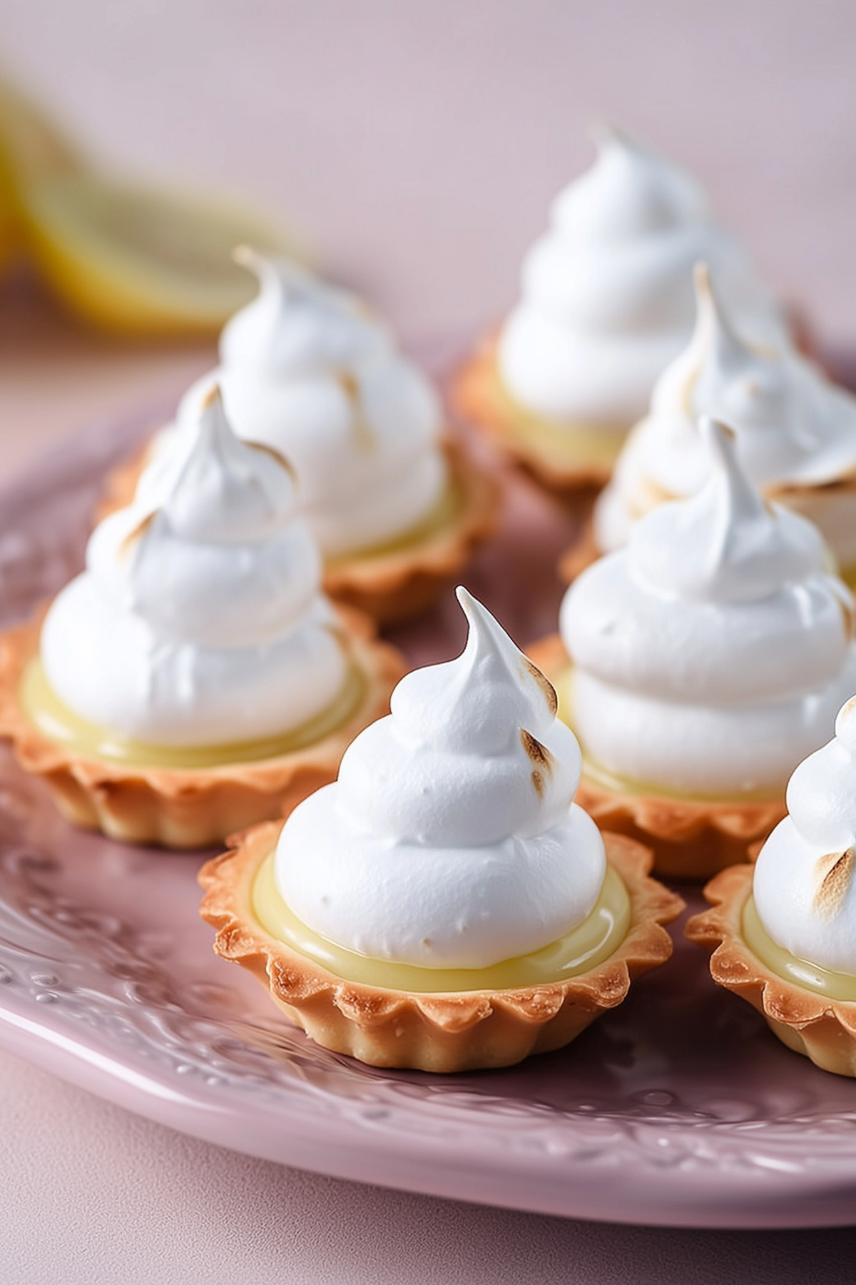 Mini Lemon Meringue Tarts with toasted meringue and fresh lemon garnish