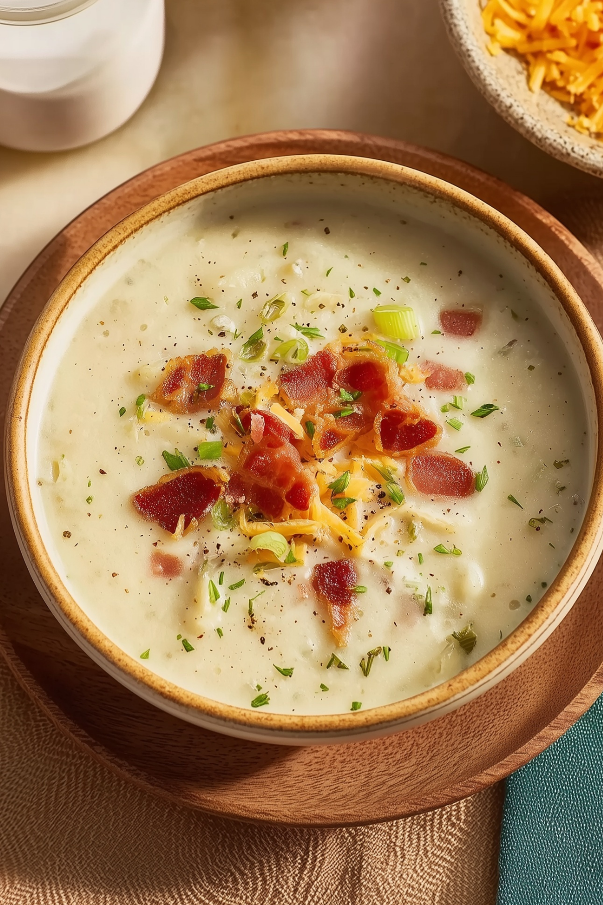 Creamy old fashioned potato soup with crispy bacon and shredded cheese.
