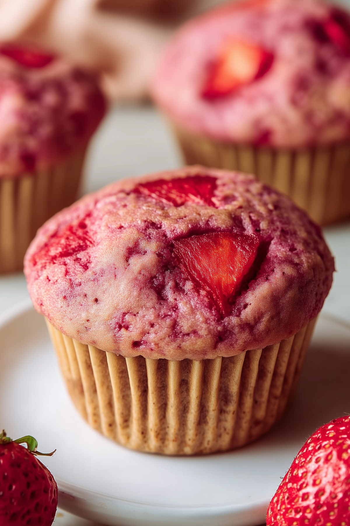 Vegan Double Strawberry Muffins with fresh strawberries