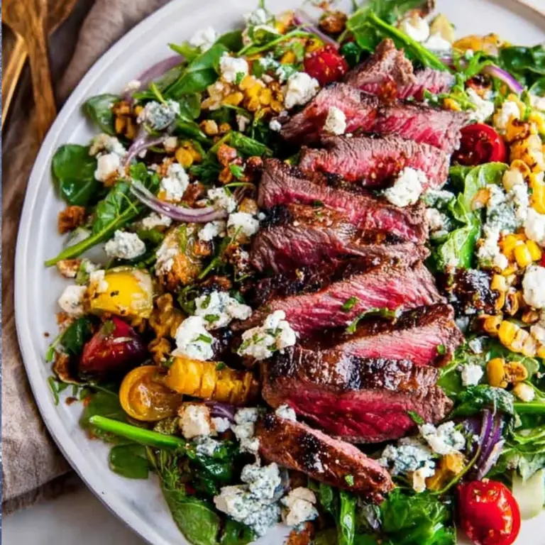 Gorgonzola Steak Salad with grilled steak, fresh vegetables, and crumbled cheese
