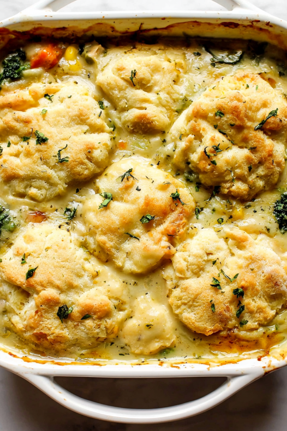 Biscuit & Vegetable Pot Pie with golden biscuit topping