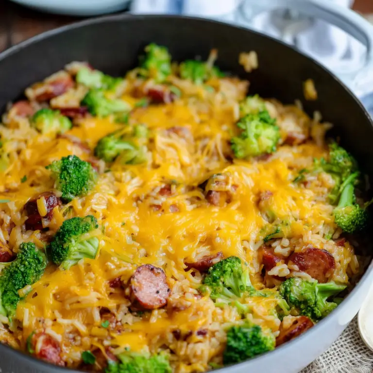 Cheesy Kielbasa Rice and Broccoli Skillet ready to serve
