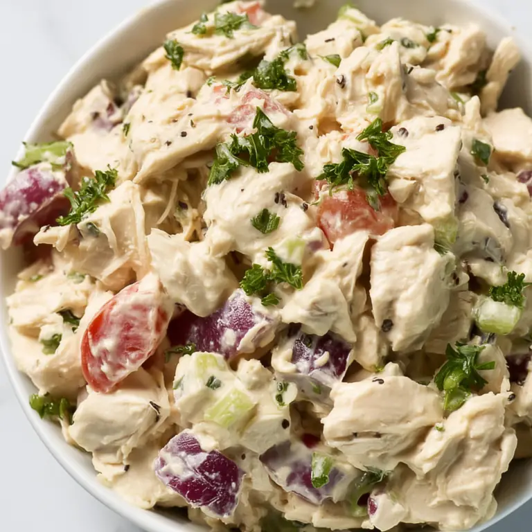 Chicken Salad served in a bowl with creamy dressing and fresh herbs