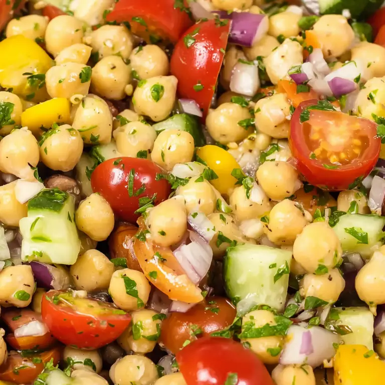 Fresh chickpea salad with cherry tomatoes, cucumber, and avocado
