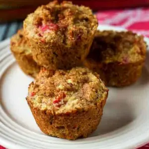 Freshly baked Cinnamon Rhubarb Muffins Gluten Free on a plate