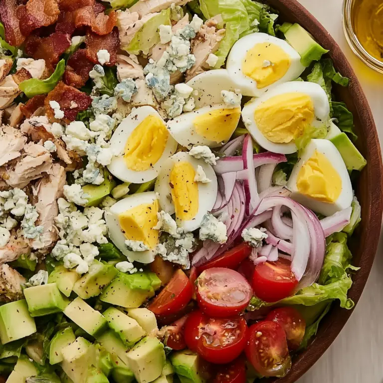 Fresh Cobb Salad with chicken, bacon, eggs, avocado, and greens