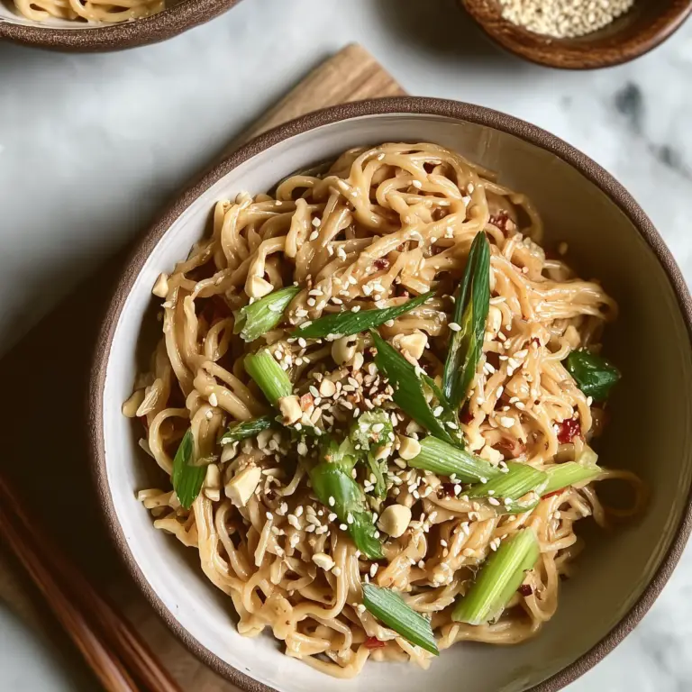 Cold sesame noodles with peanut and sesame sauce garnished with scallions