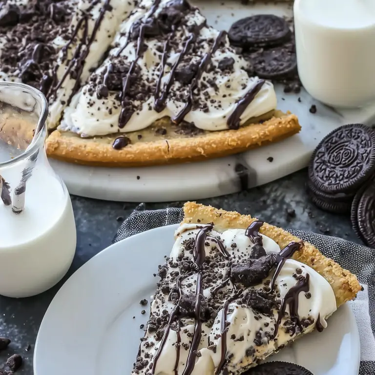 Delicious cookies and cream dessert pizza with Oreo and white chocolate drizzle