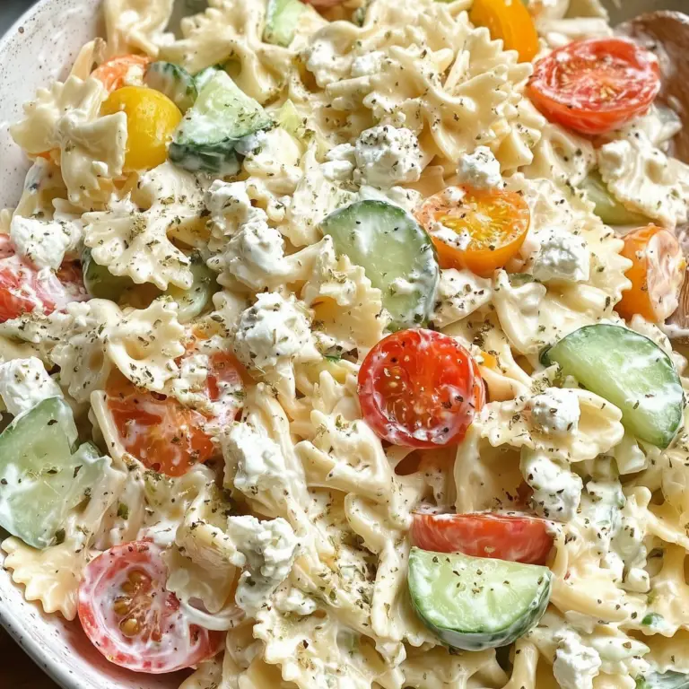 Cottage Cheese Pasta Salad in a bowl with fresh vegetables and creamy dressing