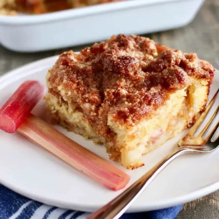 Double Crumb Rhubarb Coffee Cake with golden crumb topping