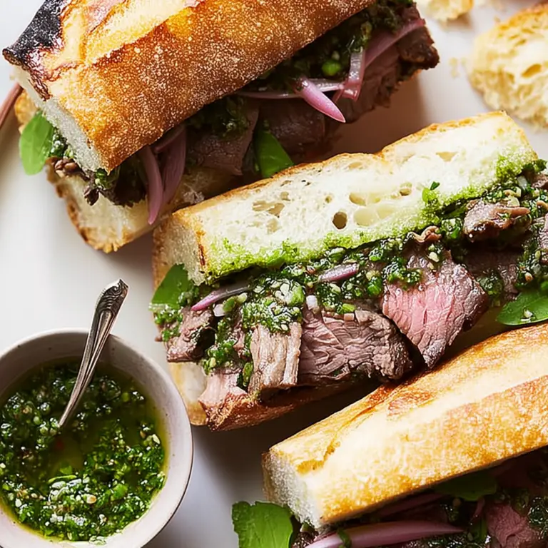 Grilled Short Rib Chimichurri Party Sandwich served with chimichurri sauce and pickled onions