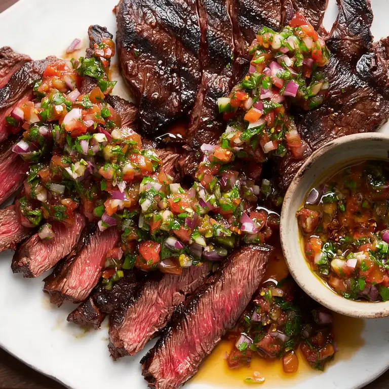 Grilled Skirt Steak with Grated Tomato Salsa served fresh with smoky grilled beef and juicy tomato topping